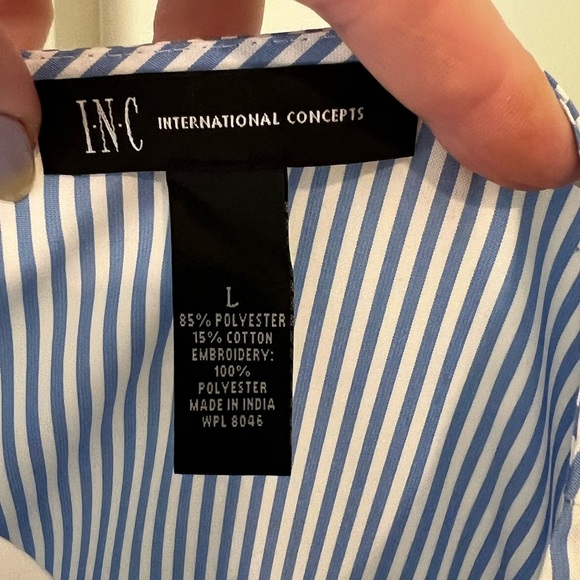 INC International Concepts New Blue and White Pinstripe wrap/tie zippered blouse - Picture 10 of 10